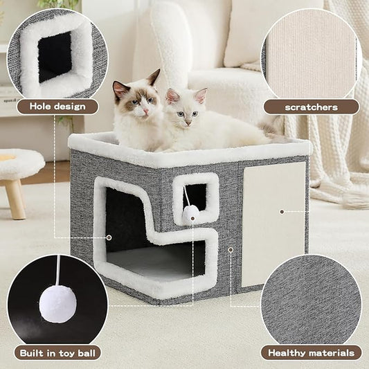 Cat Houses for Indoor Cats, Covered Cave Bed with Scratch Pad and Fluffy Ball, Foldable Cat Hideaway Condo for Large Cats, Modern Kitten Bed,16.5x16.5x13 inches (Grey, Large)