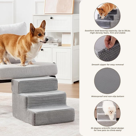 HYLEORY Dog Stairs for Bed 13.5''H, 3-Step Pet Stairs for Small Dogs & Cats, Sturdy Pet Steps with Non-Slip Bottom, Functional Portable Dog Ramp for Couch/Chair/Sofa/Car, Storage Pocket, Light Grey