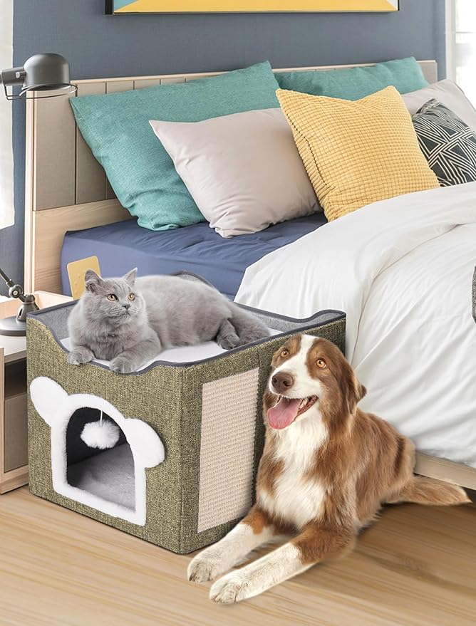 Cat Houses for Indoor Cats, Large Cat Cave with Fluffy Ball and Scratch Pad, Covered Cat Bed House, Foldable Cat Hideaway (Beige)