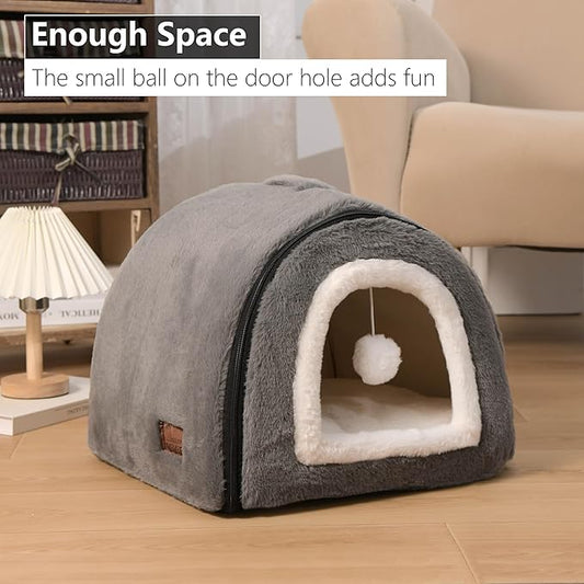 Cat Bed for Indoor Cats,Foldable cat cave,Anti-Slip & Water-Resistant Bottom,cat Houses for Indoor Cats or Small Dogs, Kitten Tent, Rabbit Bed,2 in 1 pet Bed (Dark Grey)