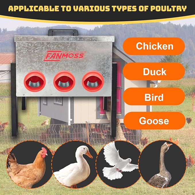 Automatic Chicken Feeder 60lb Large Metal Poultry Feeding Equipment, 8 No-Waste Ports with Locking Lid, Coops Runs, Backyard Chicken Keepers and Homesteaders