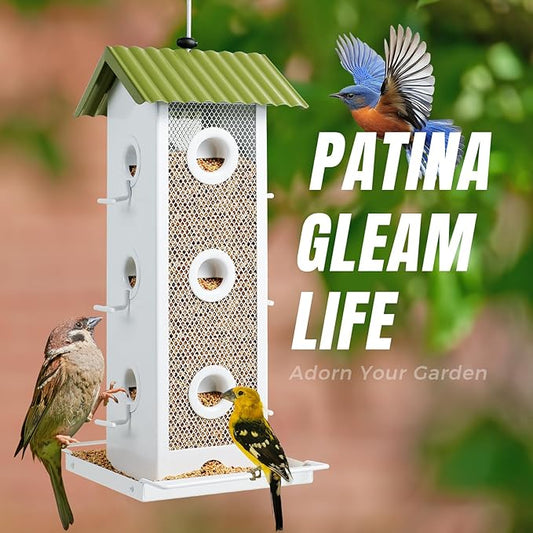 Shineforu All Metal Bird Feeder for Outdoors Hanging | 14-Port Multi-Bird Viewing | Premium Finish, Waterproof & Easy-Clean | Attracts Cardinals, Finches, Chickadees & More (Crisp White & Green)