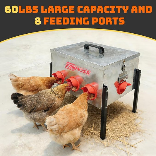 Automatic Chicken Feeder 60lb Large Metal Poultry Feeding Equipment, 8 No-Waste Ports with Locking Lid, Coops Runs, Backyard Chicken Keepers and Homesteaders