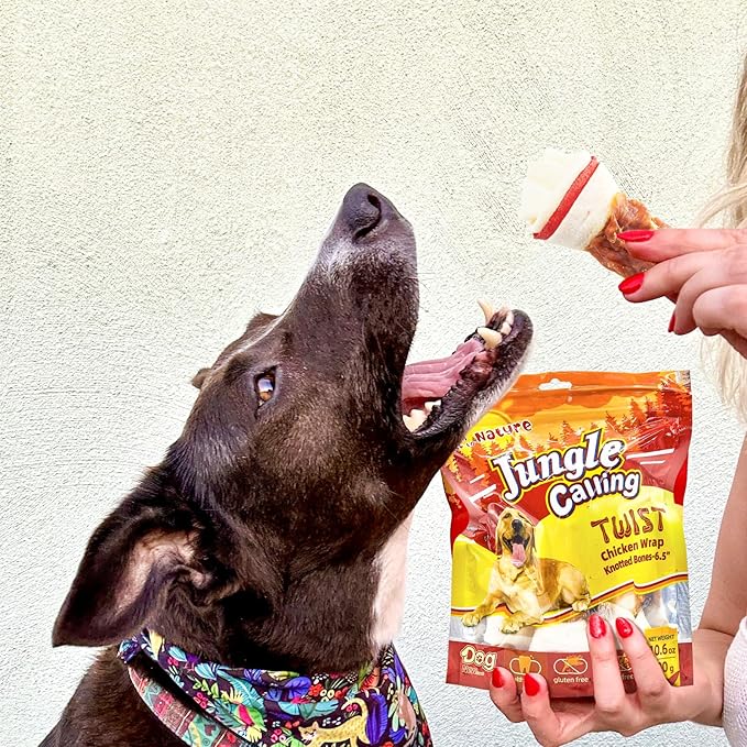Jungle Calling Chicken Wrap Knotted Bones Dog Chews 6.5" Pack of 4, Long Lasting Beefhide Treats Real Chicken Wrap Rawhide Bones for Large Dogs Training Treats (3 Packs)