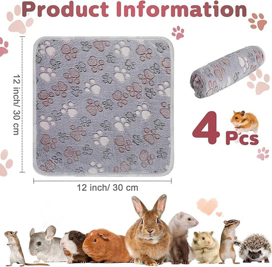 Reginary 4 Pcs Waterproof Guinea Pig Blankets Washable Small Animal Fleece Bedding Guinea Pig Cage Liners Reusable Training Pads Pet Pee Pad Sleep Mat for Hamster(Adorable Paw,12 x 12 Inch)