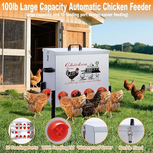APODESS 100LB Large Automatic Chicken Feeder–10 Feeding Ports No-Waste Galvanized Metal Chicken Feeder with Adjustable Legs & Locking Lid Poultry Feeder for Chickens,Geese,Ducks,Waterproof