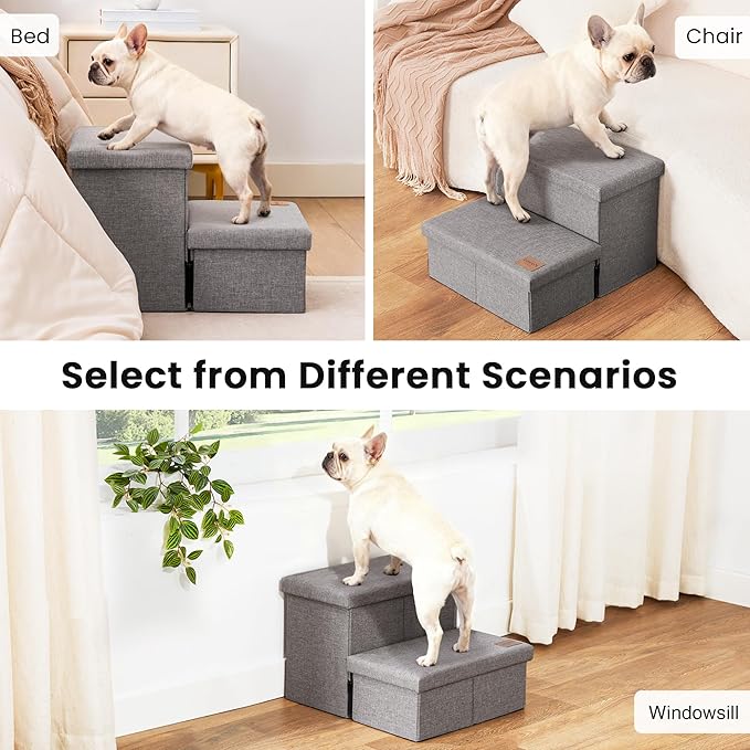 Love's cabin Dog Stairs with Storage 13" H,Foldable Pet Stairs for Small Medium or Large Dogs,Cat Puppy Steps Ramp with Zip up to 150 lbs(Solid Grey,2 Steps no Condo)