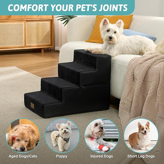 Dog Stairs for Small Dogs, 4 Tier Removable Pet Stairs for Couch and Bed, 17.7" H Dog Steps for Old Cats, Puppy, Small Dogs, 15.7x23.6x17.7 inch, Black