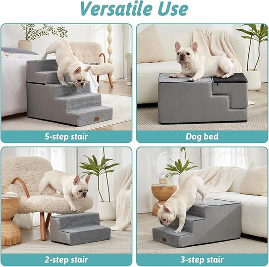 CCOZY KISS Dog Stairs for Small Dogs, 5 Tier Removable Wider Pet Stairs for Couch and Bed, 23.6" H Non-Slip Dog Steps for Puppies and Old Cats with Support Board, 19.7x29.5x23.6 inch, Grey