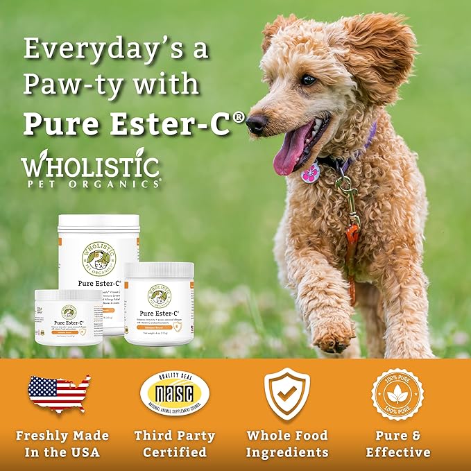 Wholistic Pet Organics Pure Ester-C Powder for Dogs - 4 Oz - Healthy Alternative to Dog Allergy Chews - Vitamin C Supplement for Dog Allergy Relief, Immune Support, Itch Relief for Dogs - Made in USA