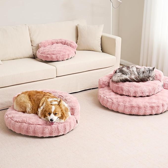 EHEYCIGA Extra Small Dog Bed and Cat Couch for Puppy and Kitten - Fluffy Faux Rabbit Fur Pet Sofa with Washable Removable Cover, Waterproof and Non-Slip, 20 Inch Pink