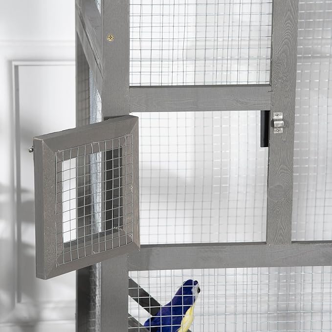 PawHut 65" Wooden Bird Cage Outdoor Aviary House for Parrot, Parakeet, with Pull Out Tray and 2 Doors, Grey