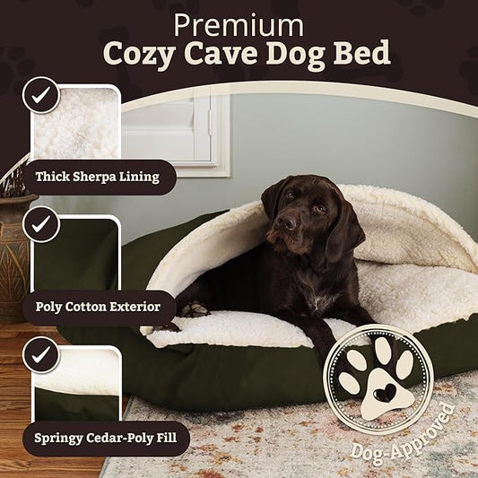 Snoozer Rectangle Cozy Cave Dog Bed - Indoor Dog Bed with Cover Cave, Covered Calming Burrow for Medium & Large Sized Pets with Blanket Attached, Enclosed, Washable Cover - Large, Olive