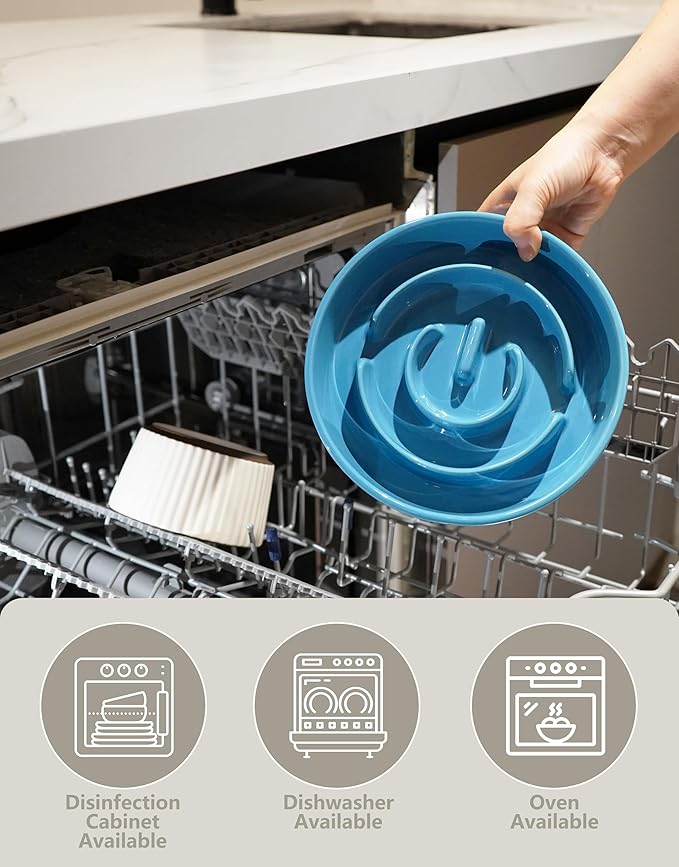 Ceramic Slow Feeder Dog Bowls, 2.0 Cups Slow Feeder for Medium and Large Dogs, Puzzle Maze Bowl to Slow Down Eating, 30oz, 8in, Blue