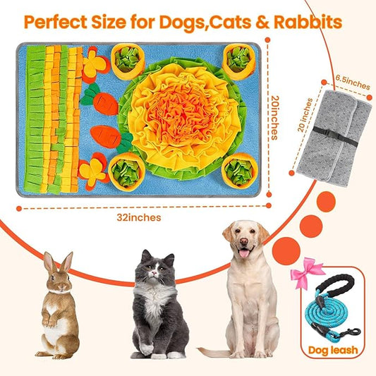 Snuffle Mat for Dogs 32''X20'' for Large Dogs with Dog Leash, Nosework Interactive Sniffing Mat for Cats Rabbits, Slow Feeding Mat for Foraging and Stress Relief (Blue, 32"x20")