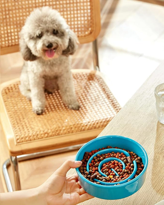 Ceramic Slow Feeder Dog Bowls, 0.6 Cup Slow Feeder for Small Dogs and Cats, Puzzle Maze Bowl, Prevents Choking, 6in, Blue