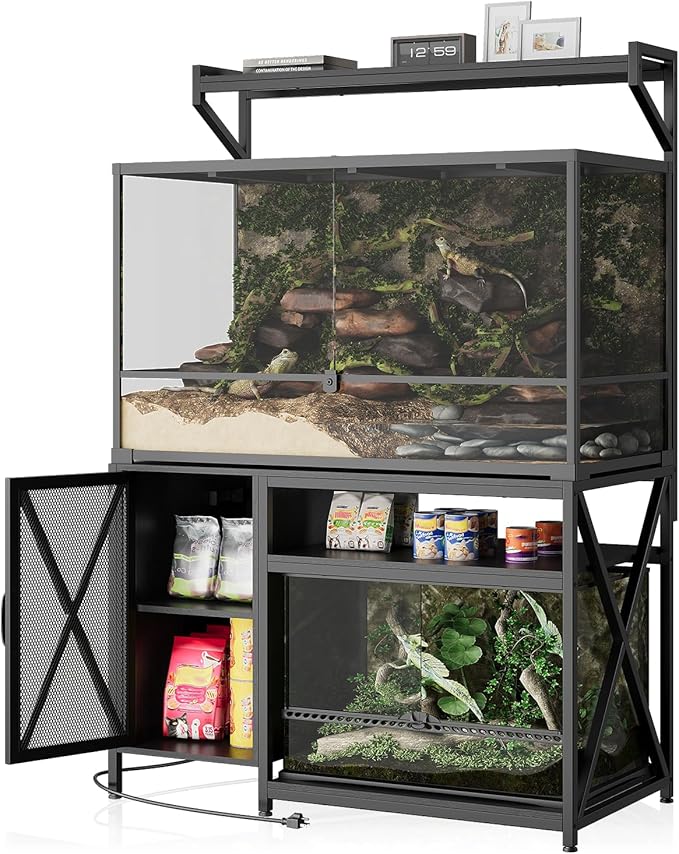 40-120 Gallon Reptile Tank Stand with Power Outlet, 48" X 69" Terrarium Enclosure with Storage Cabinet, Heavy Duty Large Aquarium Stand for Bearded Dragon, Snakes, Lizards