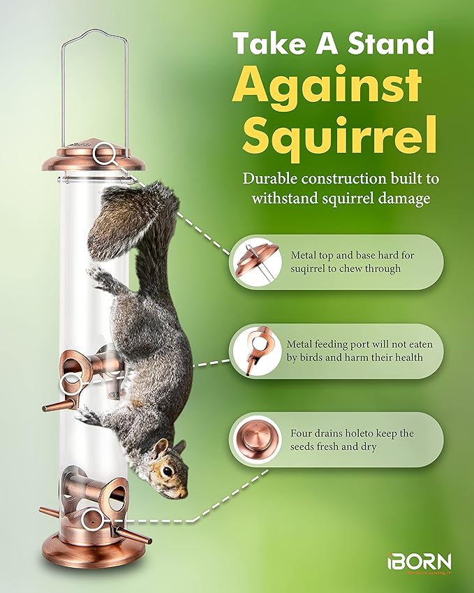 iBorn Metal Bird Feeders Metal Bird Feeder Copper for Outdoors Hanging All Copper Finishing 15 Inch 4Port(Seed is not Included)