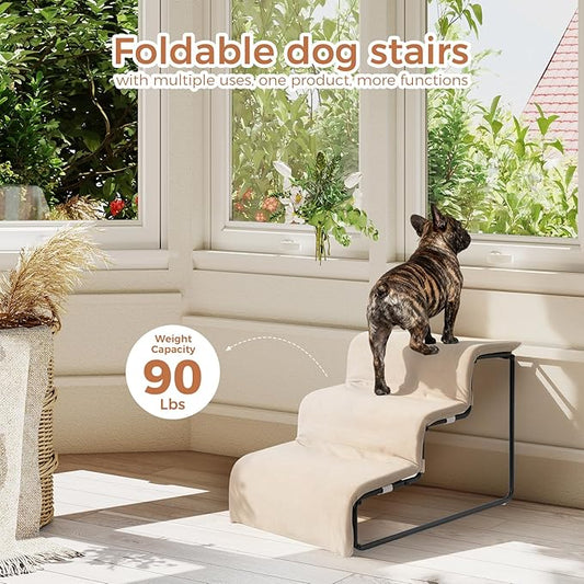 Dog Stairs for Small Dogs and Cats 15.4" H 3-Step Dog Steps for High Bed Couch and Sofa Pet Stairs with Supporting Board Pet Ramp with Non-Slip Bottom Washable Cover