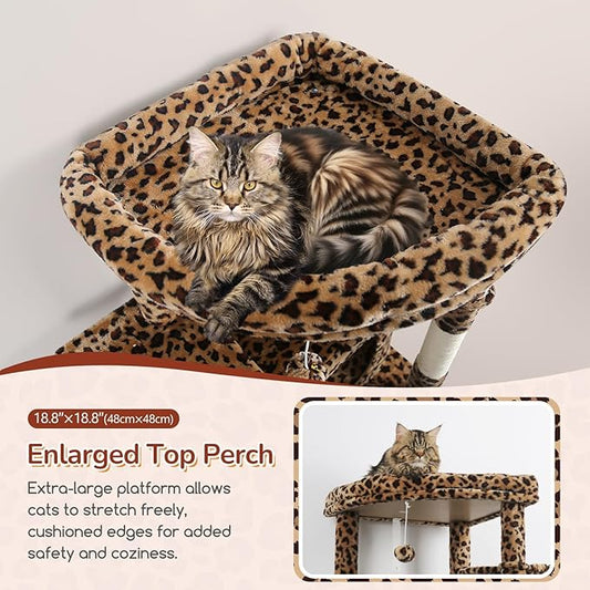 Globlazer Heavy Duty Cat Tree, 74inch Sturdy Cat Tower for Large Cats Adult, Big Cat Tree with 7 Sisal Scratching Posts, 2 Padded Cat Condos, 2 Hanging Baskets, Enlarged Top Perch, S74, Leopard Print