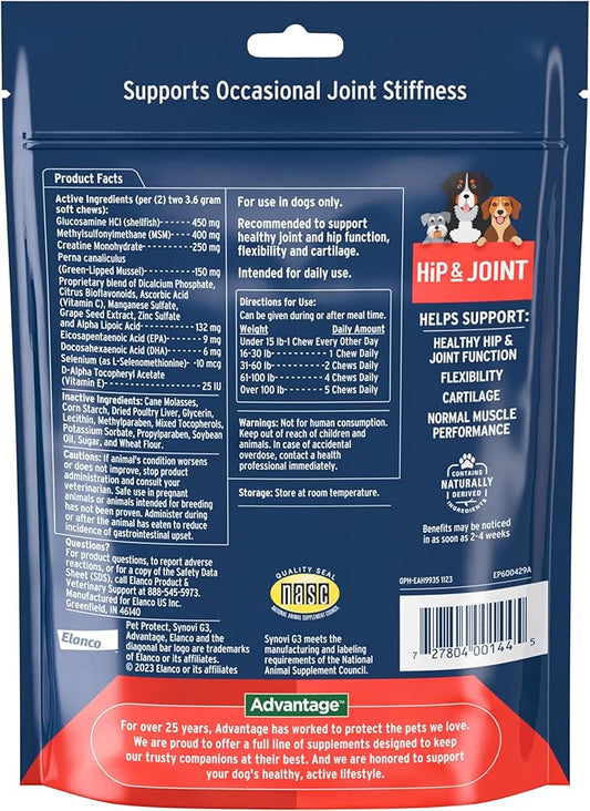 Pet Protect Dog Hip & Joint Supplement for Occasional Joint Stiffness, Vet-Formulated Synovi G3, Dog Glucosamine, Chicken-Flavored Soft Chews (240 Count)