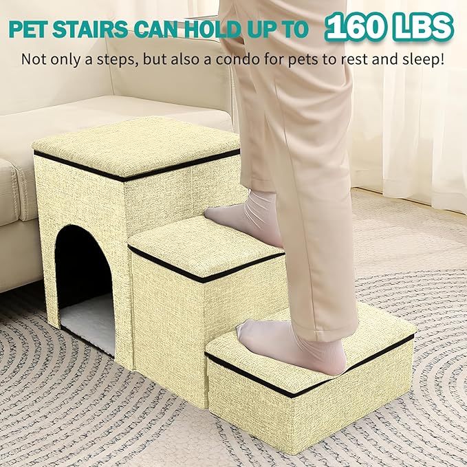 Fhiny Dog Stairs with Storage, 3-Steps Foldable Pet Stairs for Small Dogs Non-Slip Puppy Steps with Condo for High Bed & Couch Dog Ramp for Old Dogs and Cats, Holding up to 160 lbs Pets (Khaki)