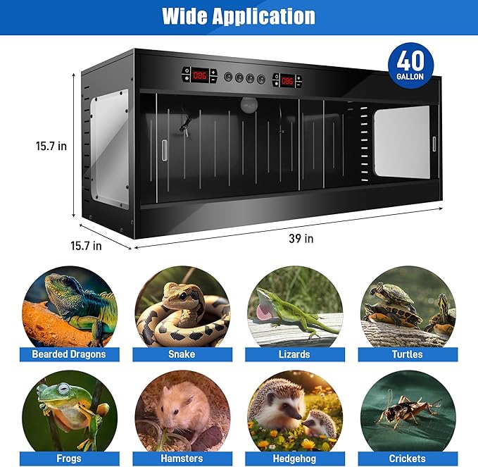 PVC Reptile Tank Enclosure-40 Gallon Intelligent Bearded Dragon Tank, Front Opening Reptile Terrarium 39x15.7x15.7 with Temperature Controller, Mat & Sliding Door Handle for Snake Lizard Gecko
