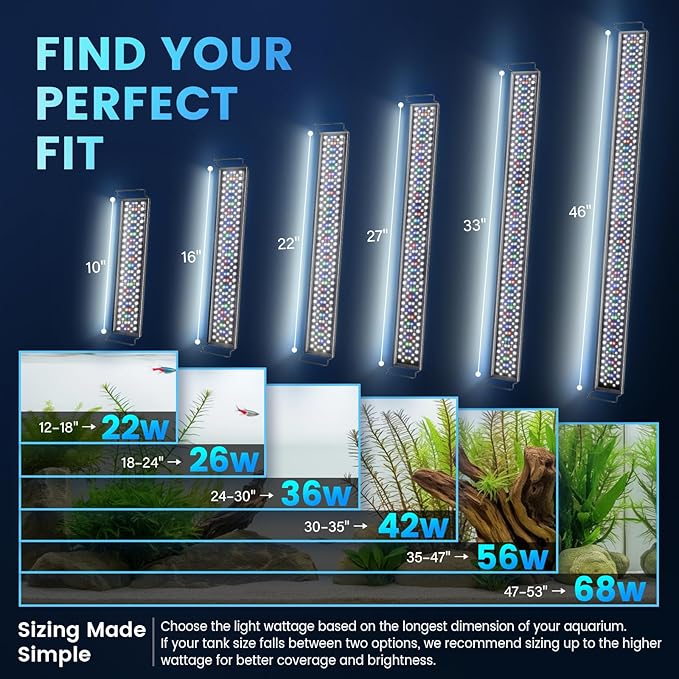 AQQA Aquarium Light with 24/7 Sunrise Sunset Mode, 9 Colors & 10-Level Brightness, Full Spectrum LED Fish Tank Light with Timer for Plant Growth, Freshwater Tanks (36W for 24-30 inch Tank)