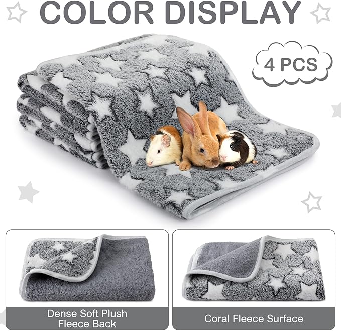 Reginary 4 Pcs Waterproof Guinea Pig Blankets Washable Small Animal Fleece Bedding Guinea Pig Cage Liners Reusable Training Pads Pet Pee Pad Sleep Mat for Hamster(Gray Star,24 x 16 Inch)