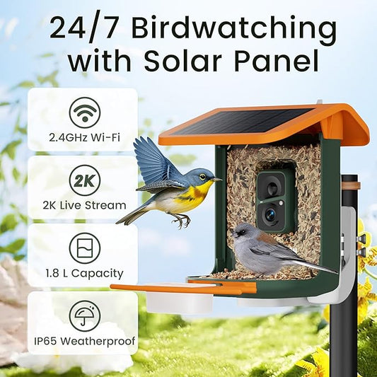 Smart Bird Feeder with Camera, Solar Powered, Free AI Identify Auto Video Capture & 2K HD Video Bird Feeders for Outdoors with SD Card, Gift for Birdlover