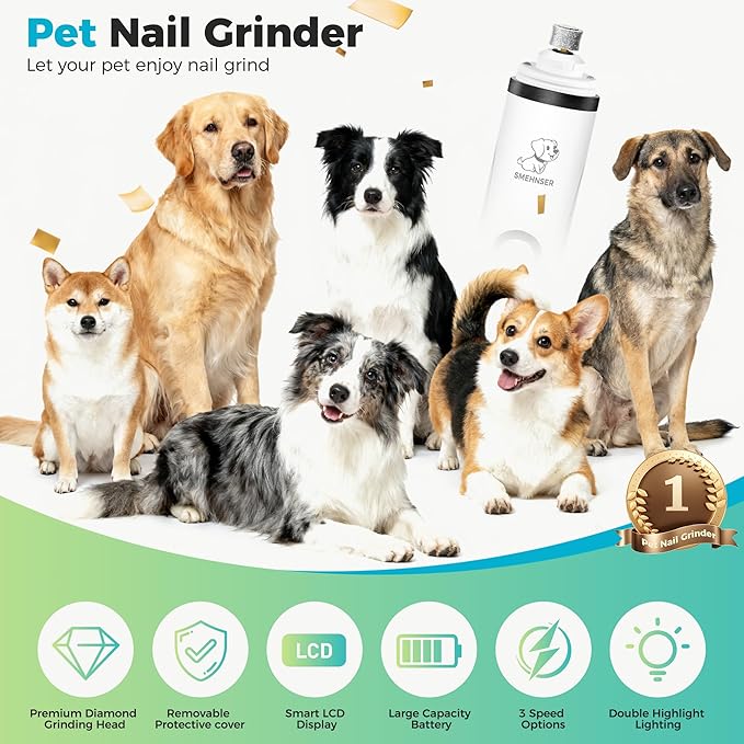 Upgraded Silent Dog Nail Grinder, Cordless Grooming Pro Nail Grinder with 3 Adjustable Speeds & Led Light, Painless Paws Grooming for Small Medium Large Dogs & Cats (2 Replacement Heads)