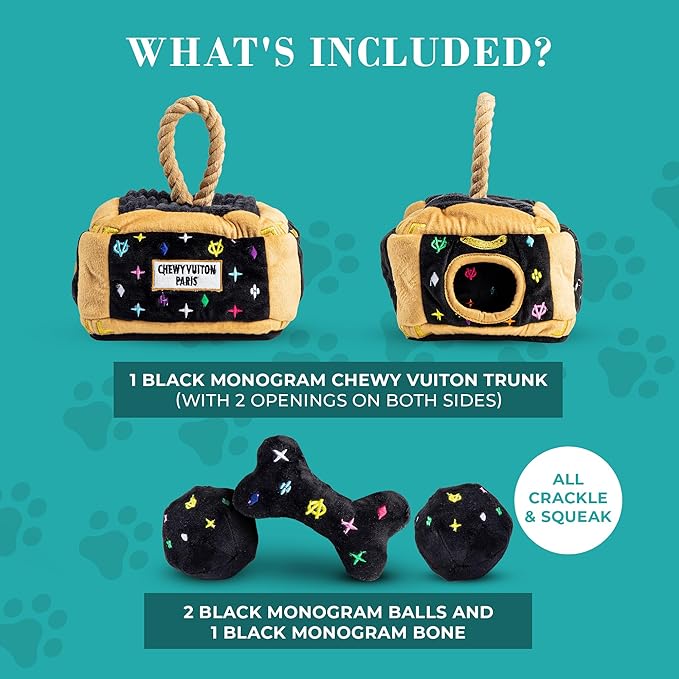 Haute Diggity Dog Black Monogram Chewy Vuiton Interactive Trunk, Plush Designer Dog Toys with Interactive Squeaker, Stimulating Pet Enrichment, Machine-Washable & Safe Materials for All Breeds