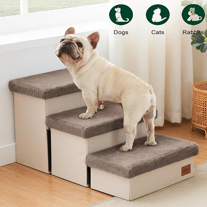 Love's cabin Dog Stairs for High Bed 18" H,3 Steps with Furry Lids Pet Stairs for Small Medium Large Dogs,Foldable Cat Ramp with Zip up to 200 lbs,Brown