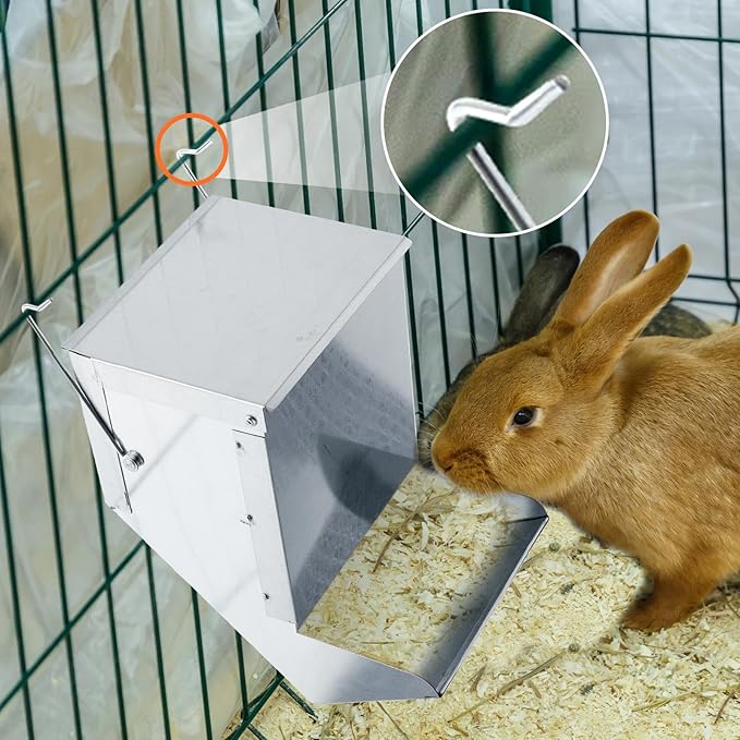 Maxcheck 4 Pcs Rabbit Feeder for Cages Small Animal Food Dispenser with Lid Metal Rabbit Feeders Outside for Guinea Pig(4.7 Inches,Silver)