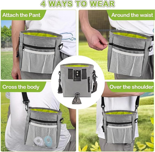 JIURUN Dog Treat Pouch for Pet Training - Dog Treat Bag (Grey) - Dog Training Kit, Dog Clicker for Training, Silicone Treat Bag, 2-in-1 Whistle Clicker, Collapsible Dog Bowl, 2 Dog Poop Bag