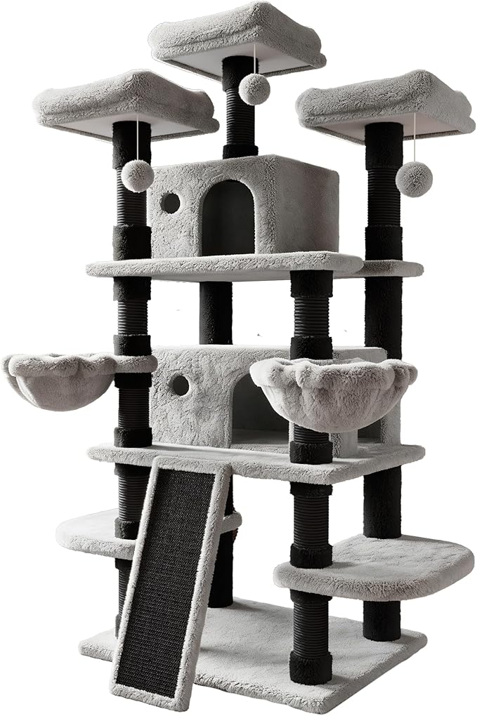 SHA CERLIN 68 Inches Multi-Level Large Cat Tree for Large Kitties/Big Cat Tower with Condo/Cozy Plush Pussycat Perches/Sisal Scratching Posts and Hammocks/Activity Center/Black & Grey