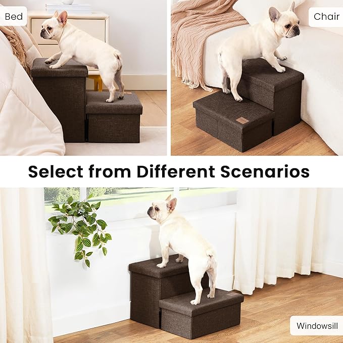 Love's cabin Dog Stairs with Storage 13" H,Foldable Pet Stairs for Small Medium or Large Dogs,Cat Puppy Steps Ramp with Zip up to 150 lbs(Coffee,2 Steps no Condo)