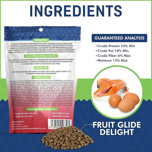 Atlantic Rush Fruit Glide Delight Sugar Glider Food - 2lb Resealable Bag of Food for Sugar Gliders - Complete Nutrition, High Protein and Vitamins Sourced and Made in USA - Sugar Glider Treats