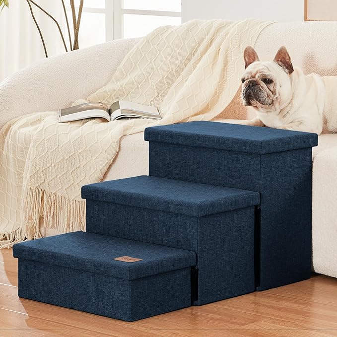 Love's cabin Dog Stairs with Storage,3 Steps Wider Dog Steps for High Bed 18" H,Foldable Pet Stairs for Small Medium Large Dogs Cats for Bed Couch Car, Ramp with Zip up to 200 lbs,Navy Blue, No Condo