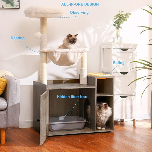Hey-brother Cat Tree with XL Litter Box Enclosure, All-in-one Cat Tower for Indoor Cats with Large Hammock, Bed, Food Station, Scratching Posts, Modern Style Pet Furniture, Rustic Gray MPJ101SG