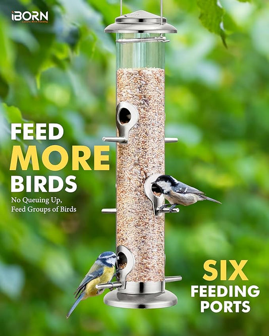 iBorn Metal Bird Feeders 6 Ports Hanging Wild Bird Seed Feeder for Mix Seed Blends,Seed Feeder, Sunflower Heart, Birdbath, Heavy Duty All Metal Nickel Finishing 15 Inch 6Port