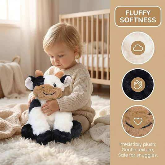 GOOC Kawaii Stuffed Fluffy Dairy Cattle Animal Fluffy Cow Plush Toy Fuzzy Milk Bull Plushies Sitting Cow Doll Gift for Kids or Lover in Birthday Valentine and Christmas 10 Inch