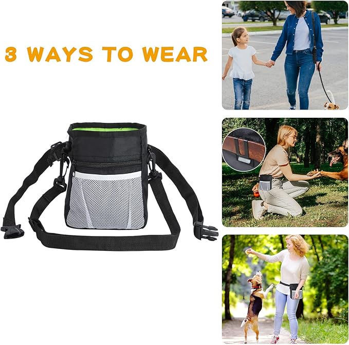 Dog Treat Pouch, 3 Ways to Wear Treat Pouches for Pet Training, Dog Training Treat Pouch with Waist Belt Shoulder Strap, Poop Bag, Collapsible Bowl, Dog Training Clicker