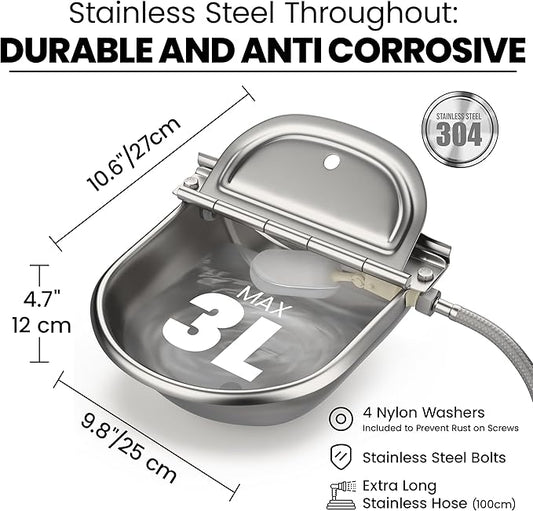 Animal Water Dispenser - 304 Stainless Steel Automatic Water Dispenser for Dogs & Animals, 10.6"x9.8"x4.7", Auto-Refill, Leakproof Drain Plug, Extra Float, 100cm Hose