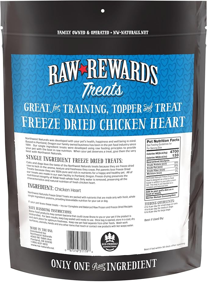 Northwest Naturals Raw Rewards Freeze-Dried Chicken Heart Treats for Dogs and Cats - Bite-Sized Pieces - Healthy, 1 Ingredient, Human Grade Pet Food, All Natural, Proudly Made in USA, 10 Oz
