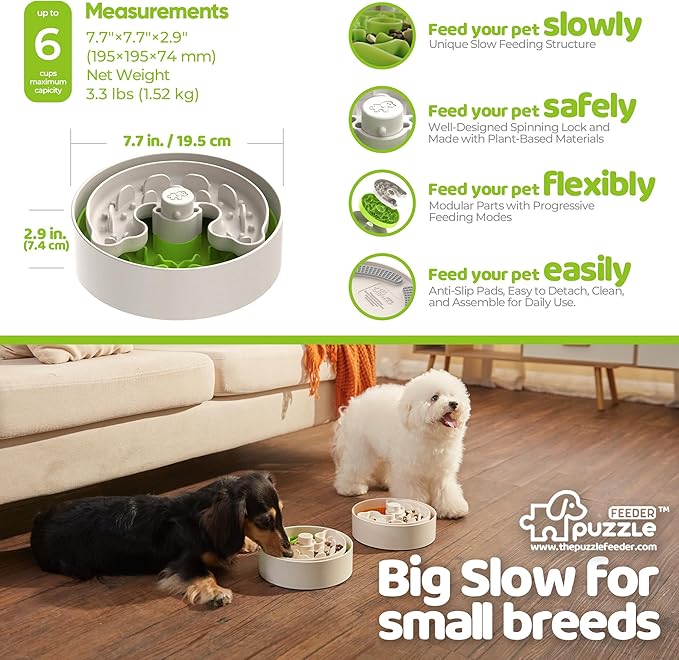 Puzzle Feeder Slow Feeder Dog Bowl for Puppies with Non-Slip Base - Adjustable Speed Design, Removable Puzzle Inserts & Dishwasher Safe, Green