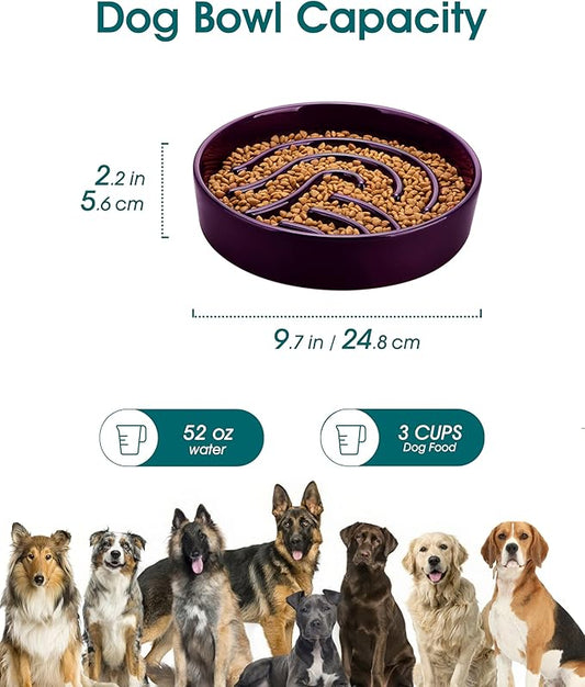 vancasso Slow Feeder Dog Bowl, 3 Cup Ceramic Slow Feeding Food Dish for Large Breed, Puzzle Dog Food Bowl for Fast Eater, Dark Purple