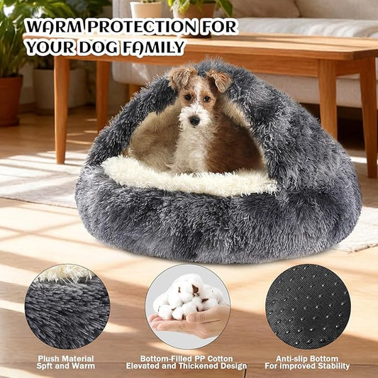 NOYAL Round Hooded Donut Dog Bed for Small & Medium Pets - Plush Fluffy Anti-Anxiety Cat Cave Bed with Cover