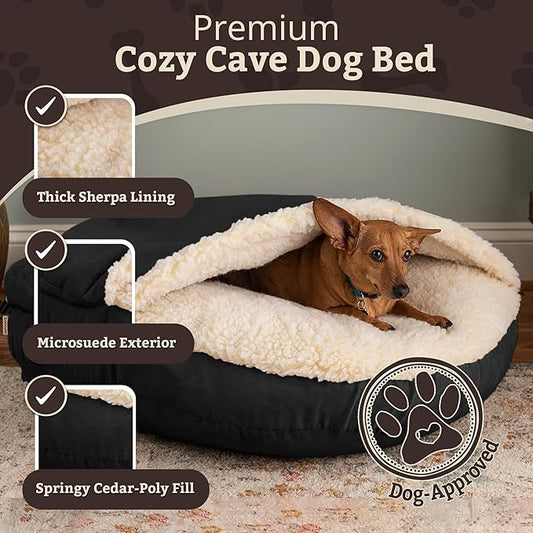 Snoozer Cozy Cave Dog Bed - Indoor Dog Bed with Cover Cave, Covered Calming Burrow for Small & Medium Sized Pets with Blanket Attached, Enclosed, Removable Washable Cover - Large, Black