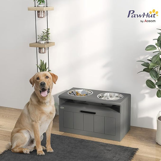 PawHut Elevated Dog Bowls, Raised Dogs Bowl Stand with 2 Stainless Steel Bowls, Storage Drawer and Slow Feeder Mat, Dog Feeding Station for Large and Extra Large Dogs, Gray